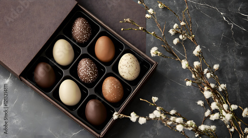 Elegant and contemporary Easter box design with rich chocolate treats photo