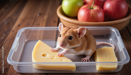 Playful brown mouse nibbling on Parmesan cheese with fresh fruit in the background