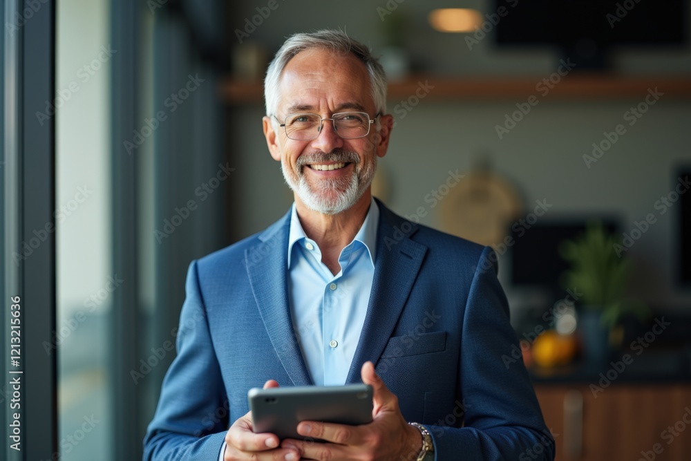 Professional Senior Businessman Smiling While Holding Tablet in Office Environment with Modern Decor and Natural Light Professional Senior Businessman Smiling While Holding Tablet in Office Environment with Modern Decor and Natural Light