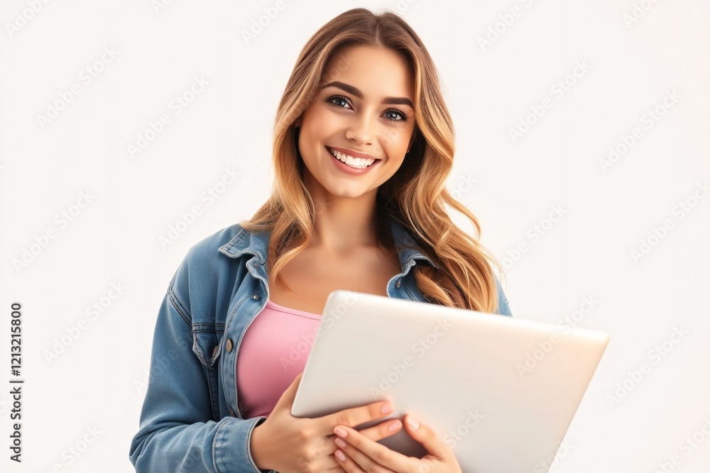 Smiling person holding a laptop in her hands Smiling person holding a laptop in her hands
