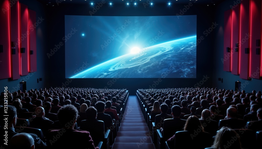 Large cinema auditorium. Rows of seats full with audience. Big screen shows image of space with planet. People waiting for movie start. Event in movie theater. Huge screen, crowd of people. Cinema Large cinema auditorium. Rows of seats full with audience. Big screen shows image of space with planet. People waiting for movie start. Event in movie theater. Huge screen, crowd of people. Cinema