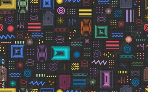 Geomatric outline shape semaless pattern colorful creative shape stroke 90s 80s 70s vintage retro style vector texture