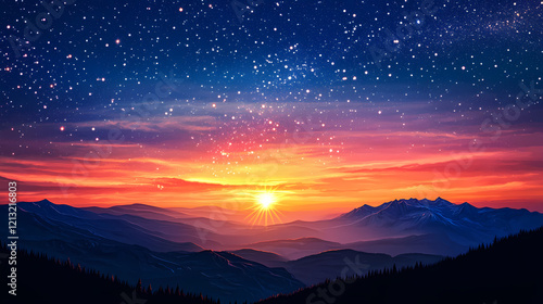 Majestic sunset over enigmatic mountains. Stellar Ridge. Illustration photo