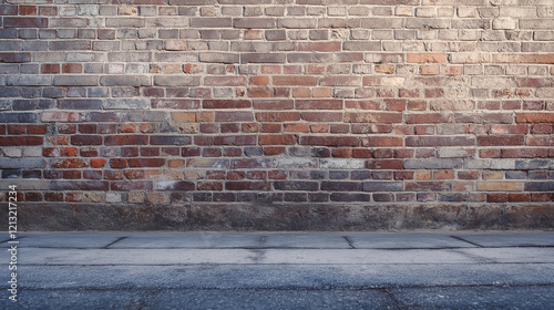  Weathered brick wall with concrete pavement, perfect for urban backdrops, street-style designs, or gritty industrial themes. Copy space photo