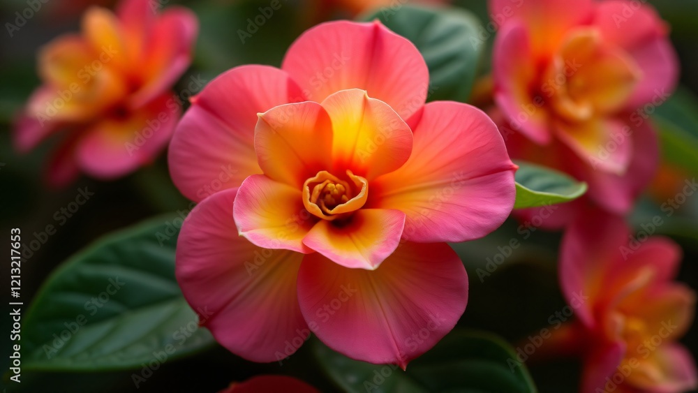 A vibrant begonia with smooth, velvety pink and orange petals. The flower contrasts beautifully with glossy green leaves, shimmering in the sunlight, creating an energetic and bold visual impact. A vibrant begonia with smooth, velvety pink and orange petals. The flower contrasts beautifully with glossy green leaves, shimmering in the sunlight, creating an energetic and bold visual impact.