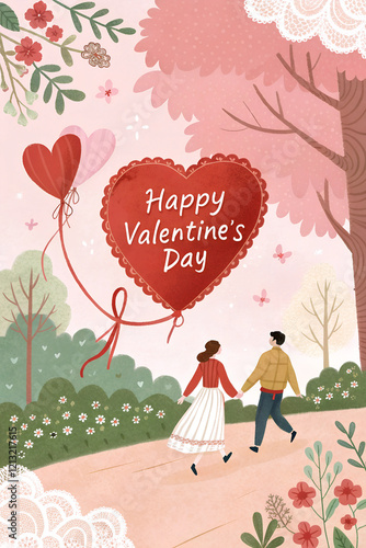 Couple walking in a romantic garden with heart-shaped balloons and a 'Happy Valentine's Day' message. Valentine's Day illustration