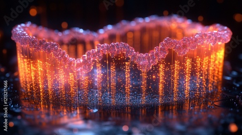 A close-up view of a chromosome with DNA strands spiraling and linked by protein markers. 215