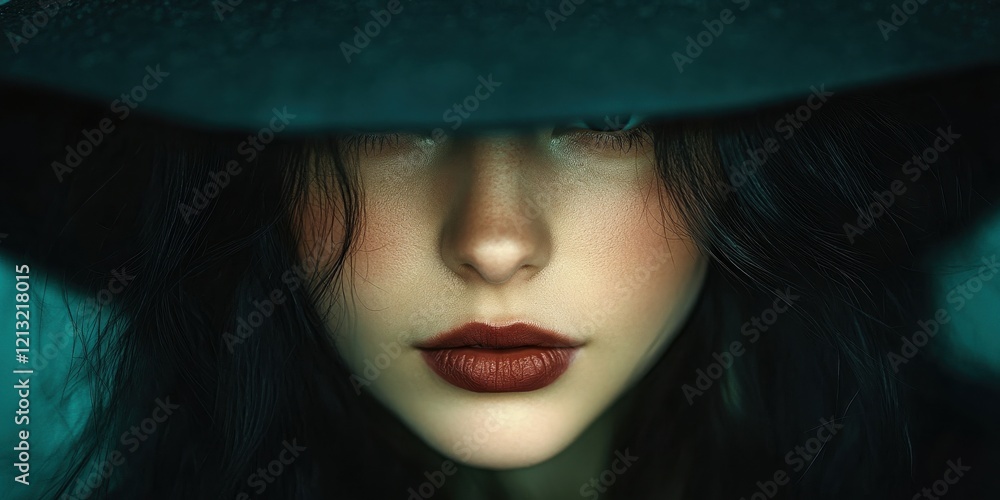 Mysterious Portrait: Close-up of a woman with dark hat and bold lips in an evocative color palette; ideal for fashion or beauty themes. Mysterious Portrait: Close-up of a woman with dark hat and bold lips in an evocative color palette; ideal for fashion or beauty themes.
