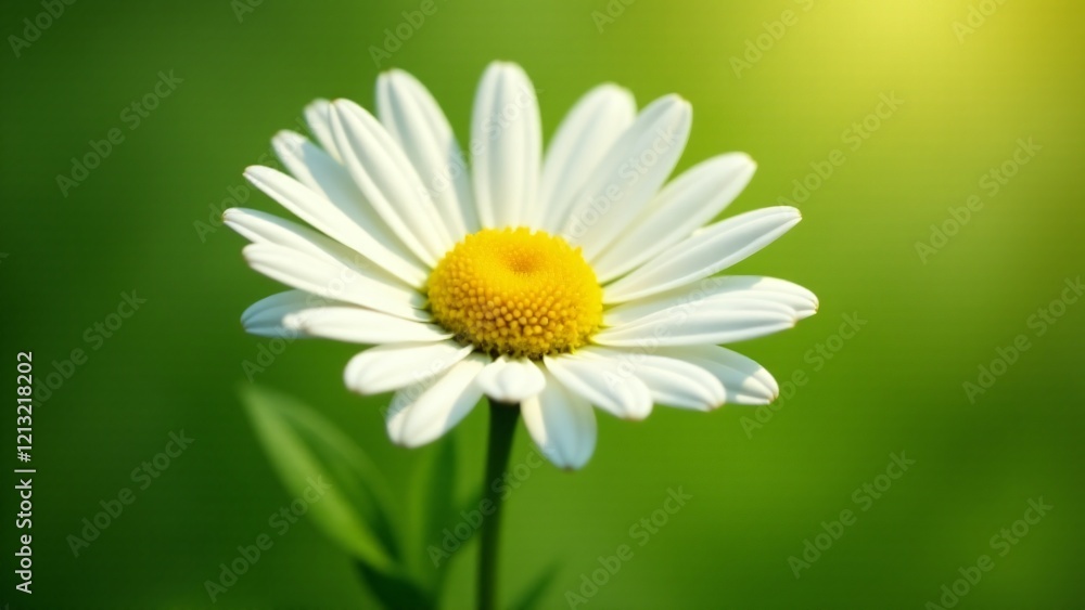 Fototapeta premium A pure white daisy with yellow center florets. The flower stands tall on a slender stem, glowing in sunlight against green leaves, showcasing its timeless and elegant beauty.