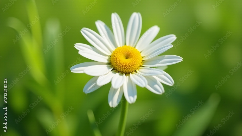 A pure white daisy with yellow center florets. The flower stands tall on a slender stem, glowing in sunlight against green leaves, showcasing its timeless and elegant beauty.