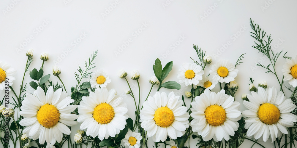 Fototapeta premium bouquet of white daisies with a yellow core. soft spring flat lay 