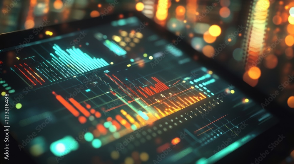 Fototapeta premium Futuristic tablet displaying complex data analysis with colorful charts and graphs, set against blurred city lights at night, highlighting advanced technology and real time monitoring