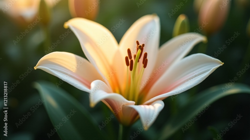 Fototapeta premium A creamy white lily with soft pink hues and long golden stamens. The trumpet-shaped petals create a star-like bloom, surrounded by dark green leaves, glowing with soft sunlight for an elegant effect.