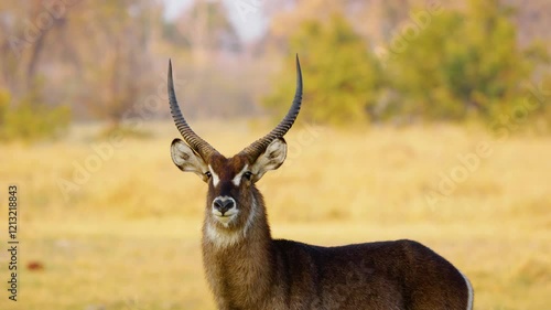 Footage of a Waterbuck (Kobus ellipsiprymnus) Looking at the camera in Serengeti national park, Tanzania
