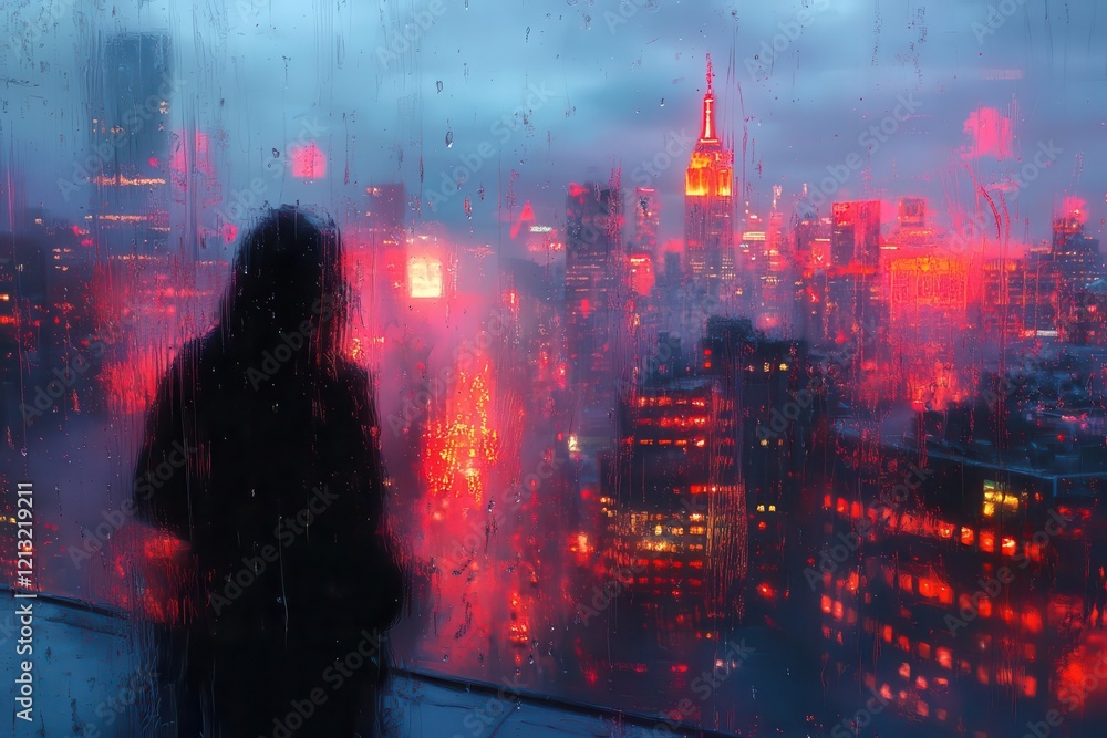Obraz premium modern cityscape through rainstreaked glass creating abstract patterns of illuminated shapes and reflections in twilight