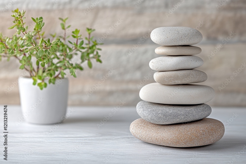 Flat stones stacked in a tower lying on a table near a plant Flat stones stacked in a tower lying on a table near a plant