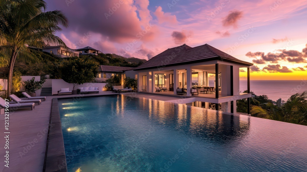 Fototapeta premium Luxury villa with infinity pool overlooking sunset ocean view. (1)