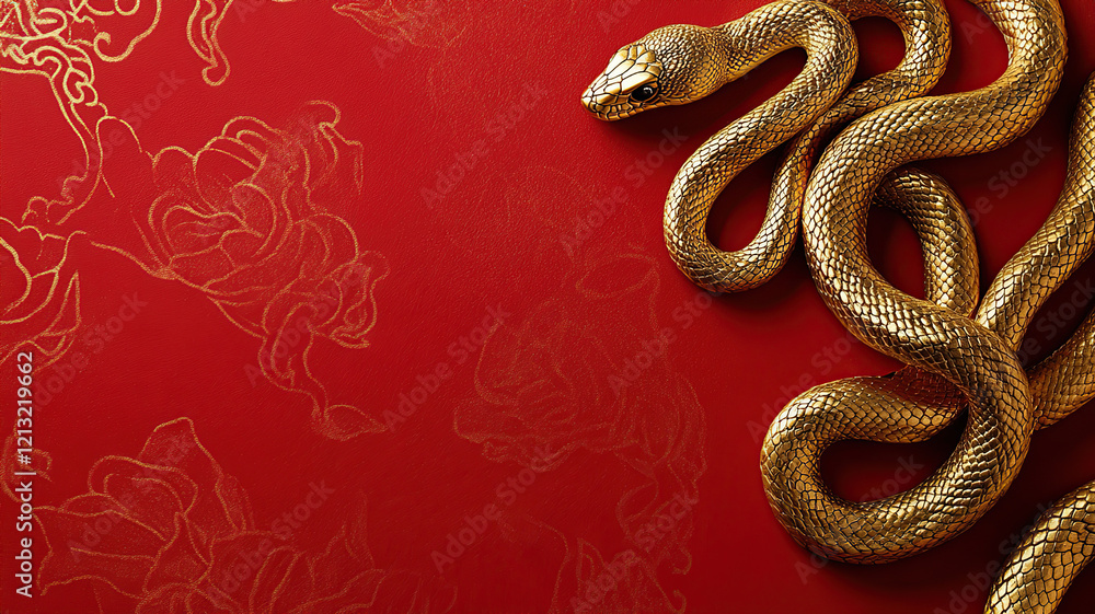 A golden snake gracefully coils on a vivid red background adorned with intricate floral patterns, symbolizing prosperity and good fortune. Chinese New Year celebration A golden snake gracefully coils on a vivid red background adorned with intricate floral patterns, symbolizing prosperity and good fortune. Chinese New Year celebration