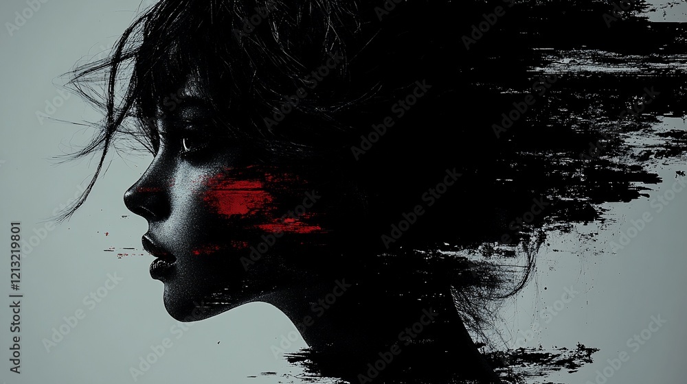 Fototapeta premium Woman, profile, red paint, abstract, art, design, graphic