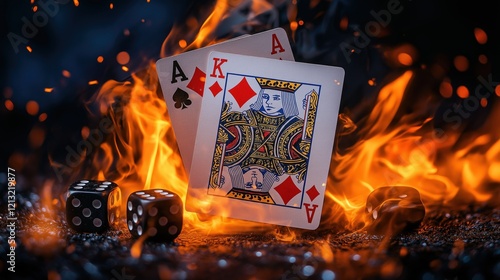 King and ace playing cards burning with dice on fire background photo