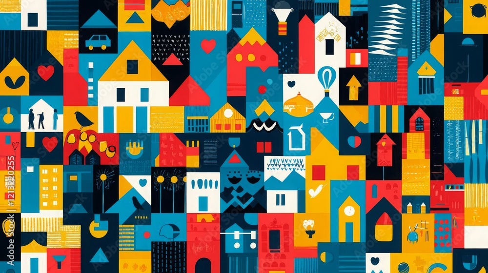 Harmony Day Understanding Friendship Love Colorful abstract houses in a vibrant pattern. Harmony Day Understanding Friendship Love Colorful abstract houses in a vibrant pattern.