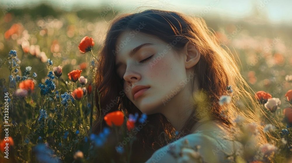 Naklejka premium Woman standing in a field of blooming wildflowers under soft natural light, symbolizing spring and renewal