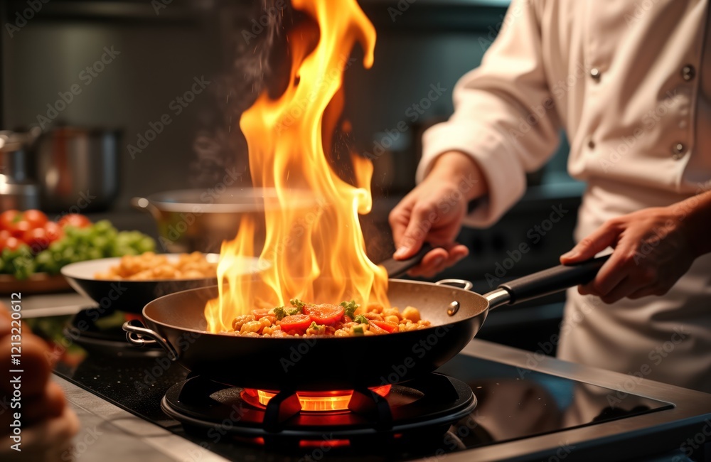 Chef skillfully cooks dish with flames in frying pan on gas stove. Pro chef preparing meal in restaurant kitchen. Food preparation in modern kitchen. Restaurant cookery in action.