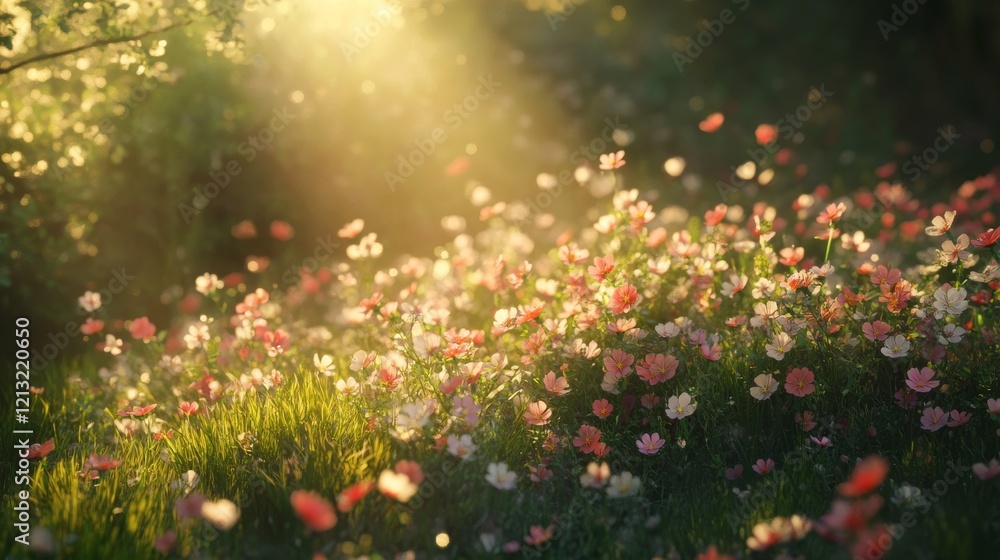 Obraz premium Field of blooming wildflowers under soft natural light, symbolizing spring and renewal