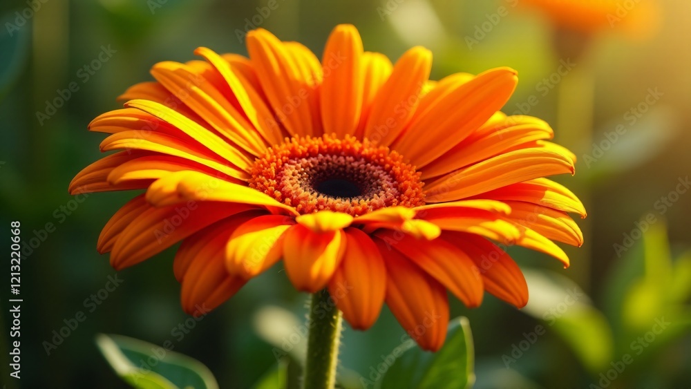 A bright orange gerbera with wide petals radiating outward in a bold circle. The dynamic flower glows in sunlight, surrounded by green leaves, creating a lively and energetic bloom. A bright orange gerbera with wide petals radiating outward in a bold circle. The dynamic flower glows in sunlight, surrounded by green leaves, creating a lively and energetic bloom.