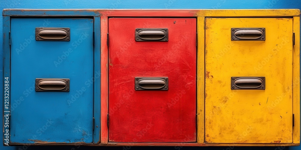 Fototapeta premium Vibrant Storage Drawers: Colorful blue, red, and yellow cabinets perfect for organizing spaces and adding a playful touch.
