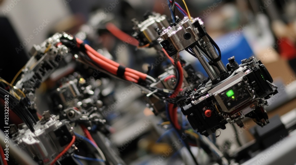 Multiple robotic arms, equipped with professional cameras, capturing a live event with remarkable precision, showcasing advanced technology and automation in action Multiple robotic arms, equipped with professional cameras, capturing a live event with remarkable precision, showcasing advanced technology and automation in action