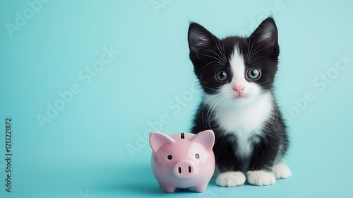 Cute little tuxedo kitten with a piggy bank on a blue background. Animal Charity or donate to rescue concept