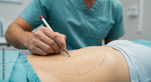 Surgeon Marking Patient's Abdomen for Cosmetic Surgery Procedure in Clinical Setting. This image is relevant for illustrating pre-surgical preparation and the meticulous planning involved in cosmetic.
