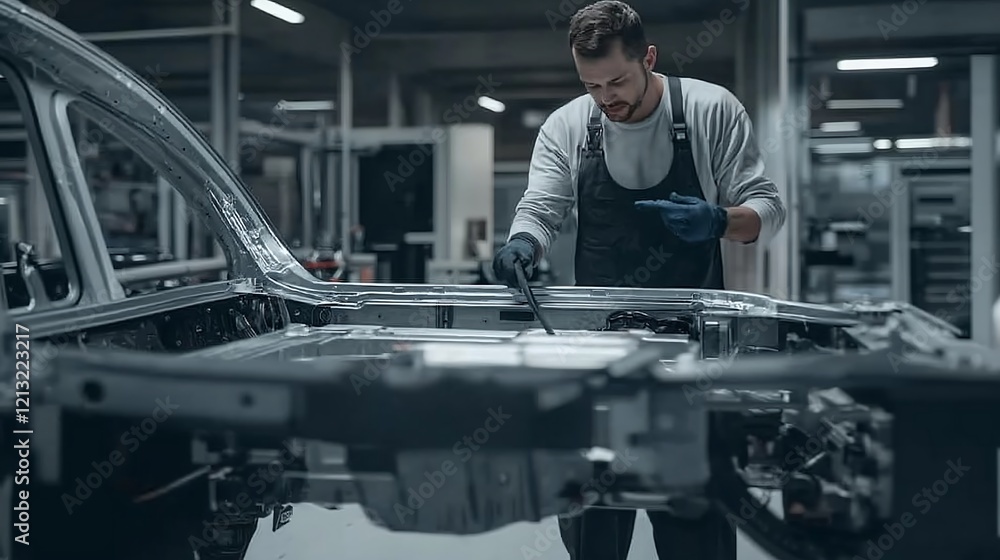 Engineer inspecting electric vehicle lithium battery pack during production