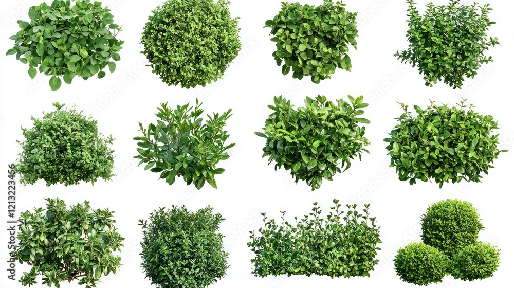 A collection of various green bushes and shrubs arranged in a grid format. A collection of various green bushes and shrubs arranged in a grid format.