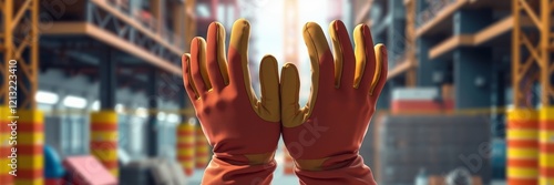 Industrial hands wearing protective gloves expressing readiness and teamwork in a vibrant warehouse setting photo