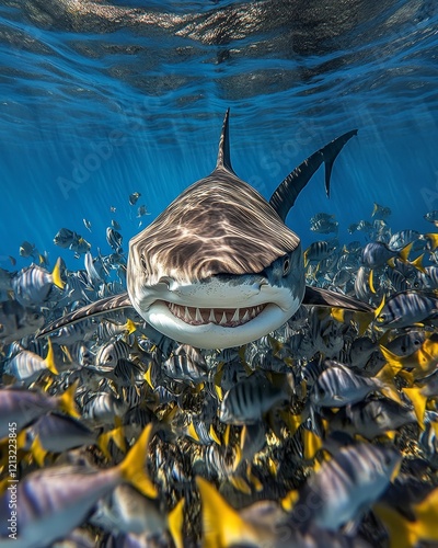 An oceanic whitetip shark, surrounded by pilot fish, glides through the open sea photo