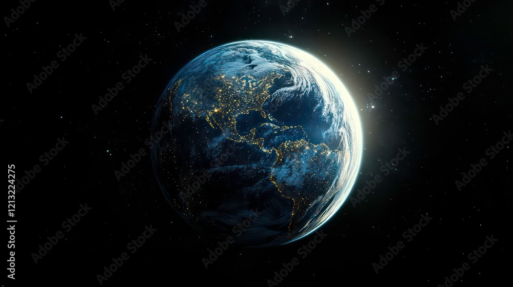Obraz premium Earth at night, illuminated cities, continents visible, stars in background.