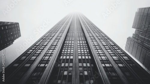 Low-angle view of a tall skyscraper in fog.