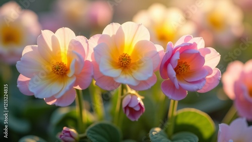 Wallpaper Mural A primula flower with soft pastel petals in lavender, yellow, and pink. The delicate petals glow in the sunlight, creating a peaceful spring atmosphere with their gentle radiance and vibrant centers. Torontodigital.ca