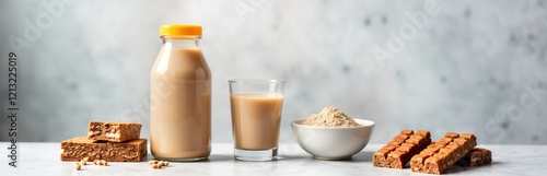 Healthy protein drink ingredients displayed on light table. Protein shake bottle, powder next to protein bars, soy milk. Fitness nutrition products. Great for athletes, people care about healthy