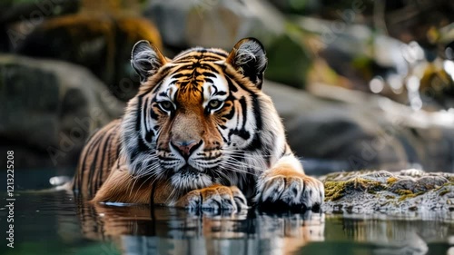 Majestic Tiger Resting in Water: Wildlife Footage of Predator in Natural Habitat