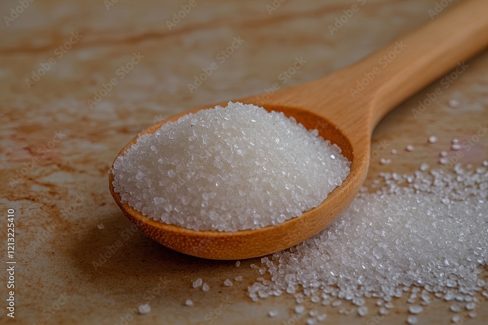 Close-up of granular salt in a wooden spoon resting on a textured surface Close-up of granular salt in a wooden spoon resting on a textured surface