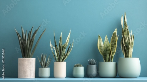 Potted succulents and plants on a blue backdrop photo