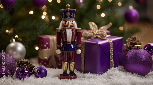 Studio shot of a Christmas present with an old-fashioned nutcracker and purple decorations