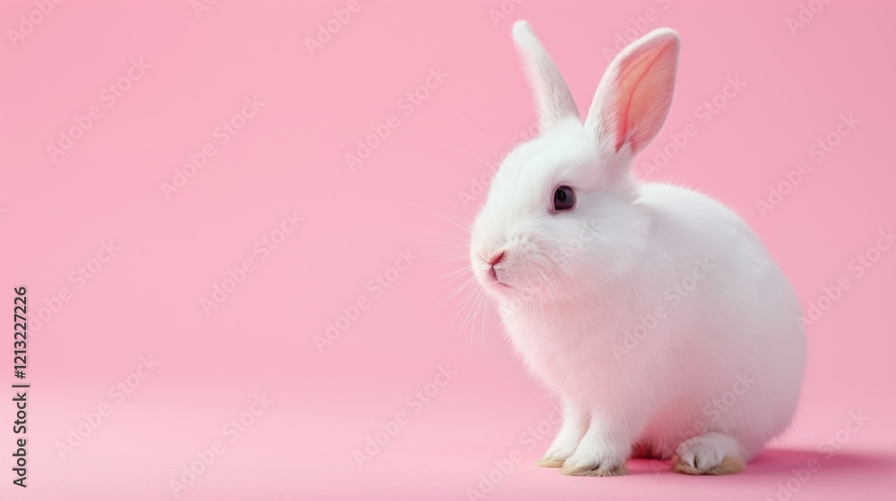 White rabbit pick up on a light pink background White rabbit pick up on a light pink background