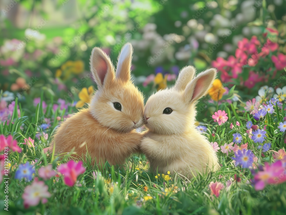 Two Fluffy Bunnies Nuzzling in a Colorful Meadow with Heart Shaped Wildflowers Romantic Springtime Bliss, valentine, easter Two Fluffy Bunnies Nuzzling in a Colorful Meadow with Heart Shaped Wildflowers Romantic Springtime Bliss, valentine, easter