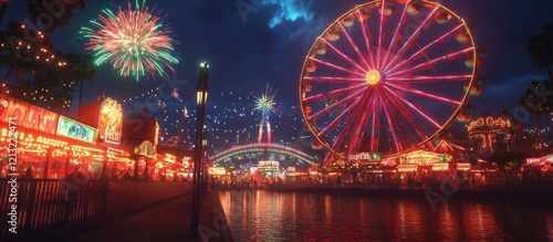 Mesmerizing scene of a lively carnival at night featuring a towering Ferris wheel illuminated with colorful lights and a spectacular display of dazzling fireworks lighting up the sky