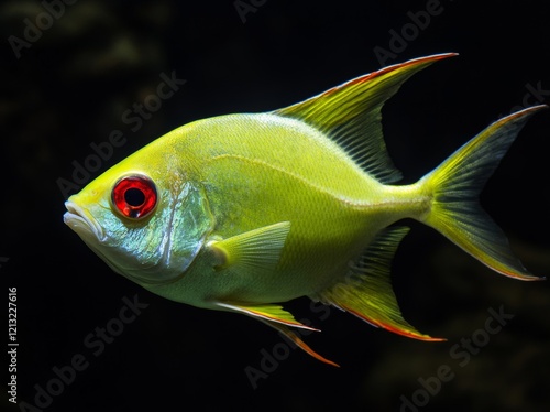 A close-up image of a lemon tetra (Hyphessobrycon pulchripinnis) alone in a fish tank, with the background blurred photo