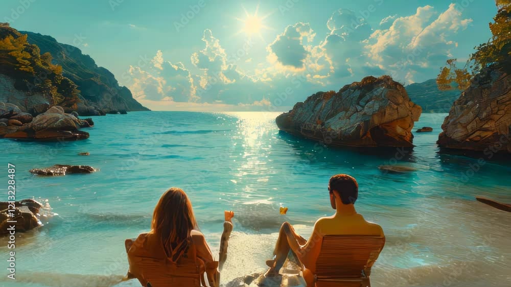 couple in love sitting on beach chairs and watching beautiful sunset on sea